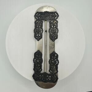 Antique Victorian large silver pewter tone cut steel filigree slider belt buckle